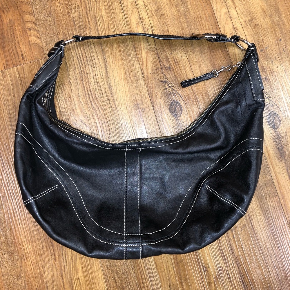Coach Black Leather Hobo with White Contrast Stitching